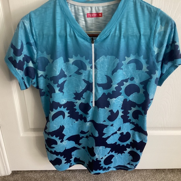 Ladies TERRY XL CYCLING JERSEY BLUE FLORAL 1/2 ZIP POCKETS - Picture 1 of 6